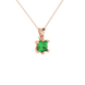 Close-up, princess emerald green gemstone pendant, rose gold six-prong setting.