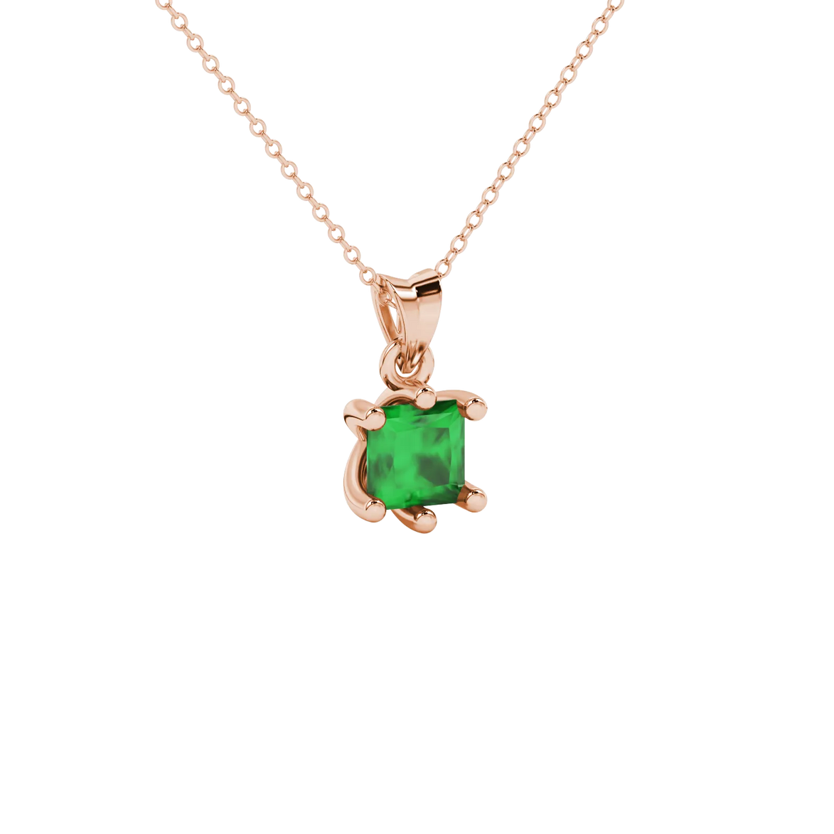 Close-up, princess emerald green gemstone pendant, rose gold six-prong setting.