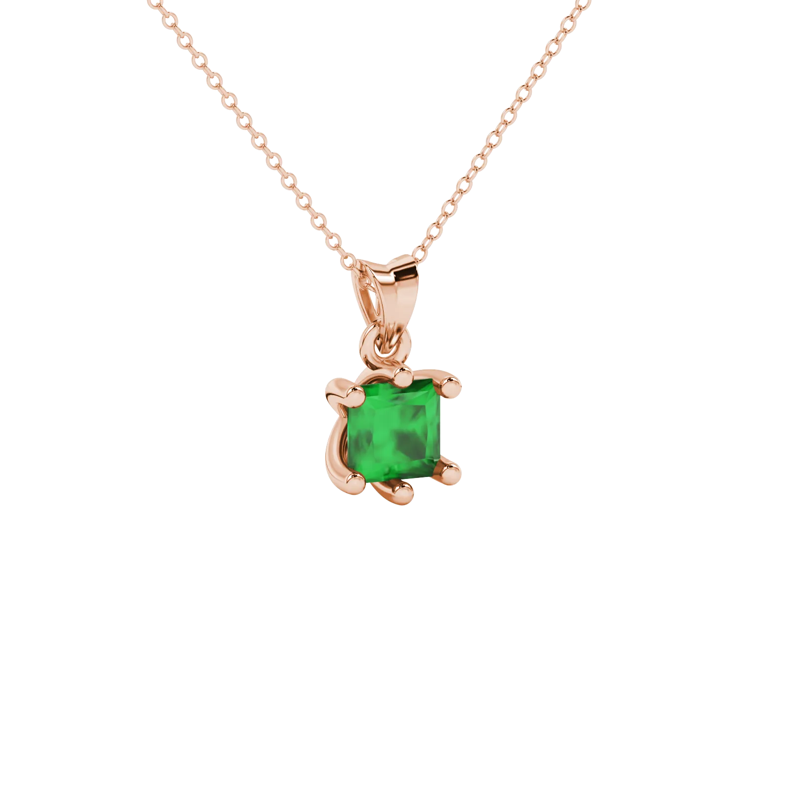 Close-up, princess emerald green gemstone pendant, rose gold six-prong setting.
