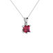 Close-up raspberry red gemstone pendant, white gold six-prong setting.