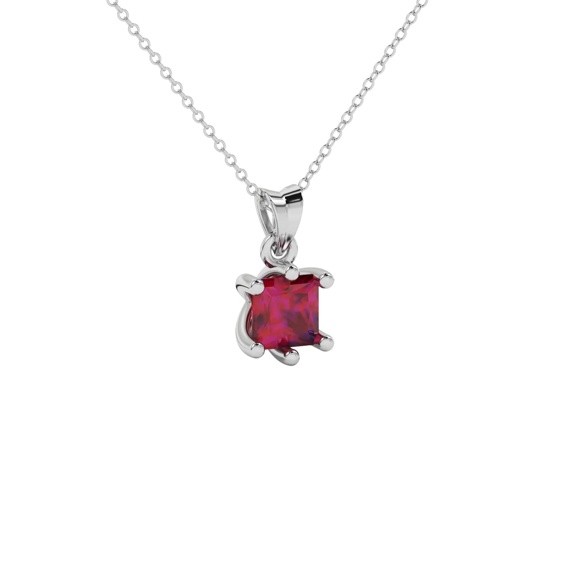 Close-up raspberry red gemstone pendant, white gold six-prong setting.