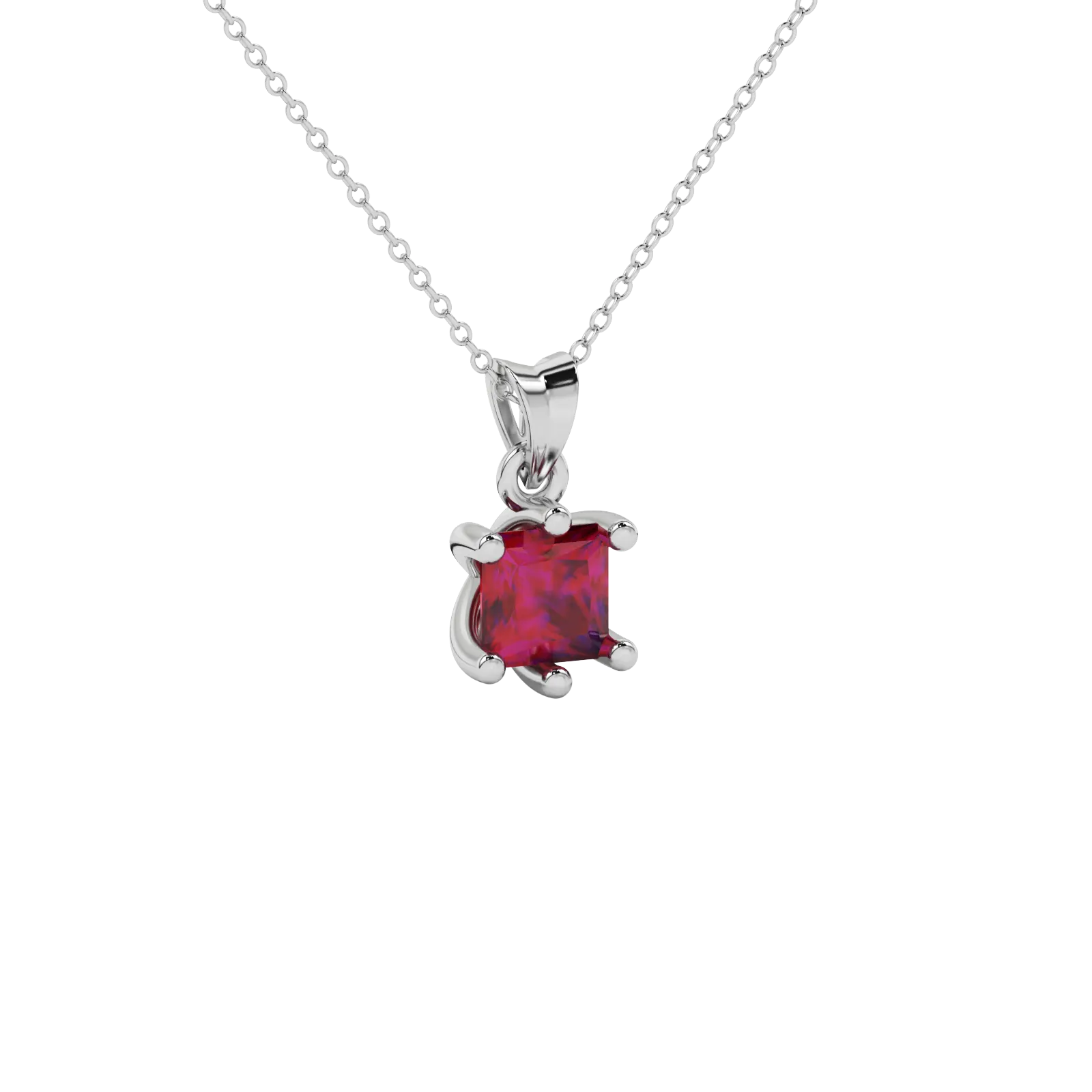 Close-up raspberry red gemstone pendant, white gold six-prong setting.