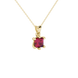 Close-up, princess raspberry red gemstone, yellow gold six-prong pendant.