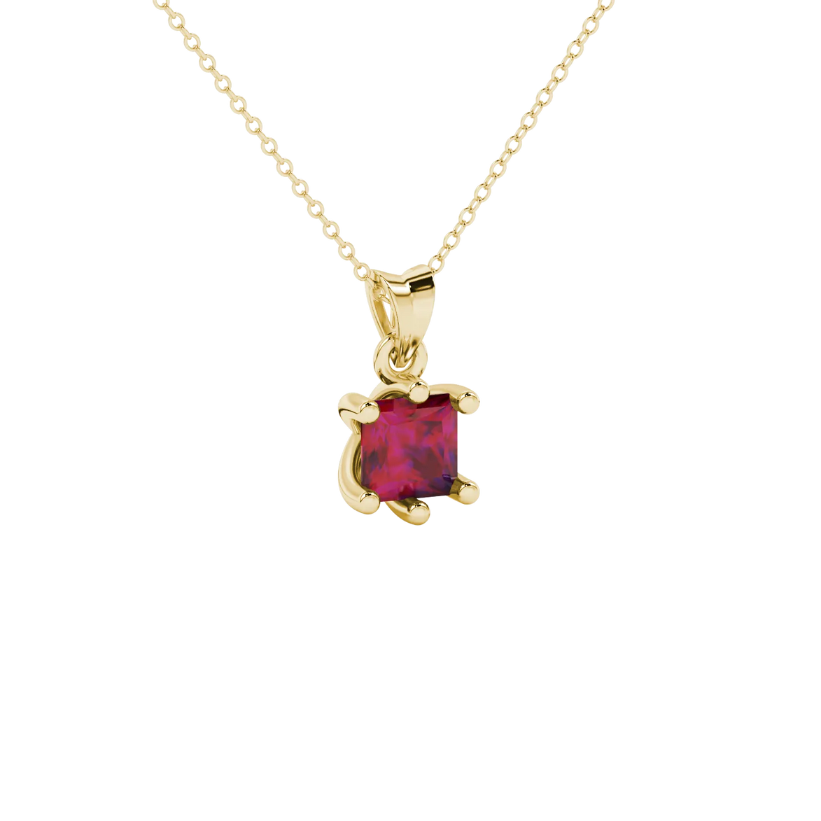 Close-up, princess raspberry red gemstone, yellow gold six-prong pendant.