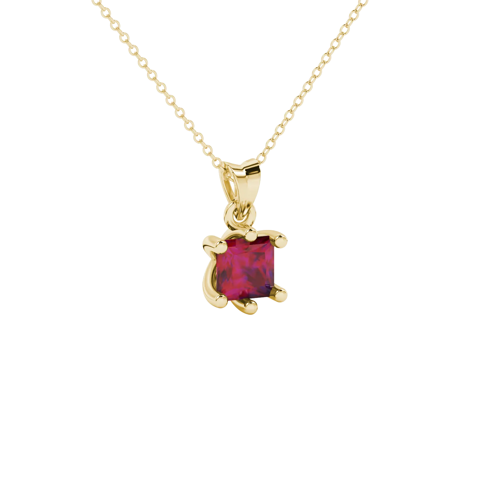 Close-up, princess raspberry red gemstone, yellow gold six-prong pendant.