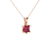 Close-up, princess raspberry red gemstone pendant, rose gold six-prong setting.