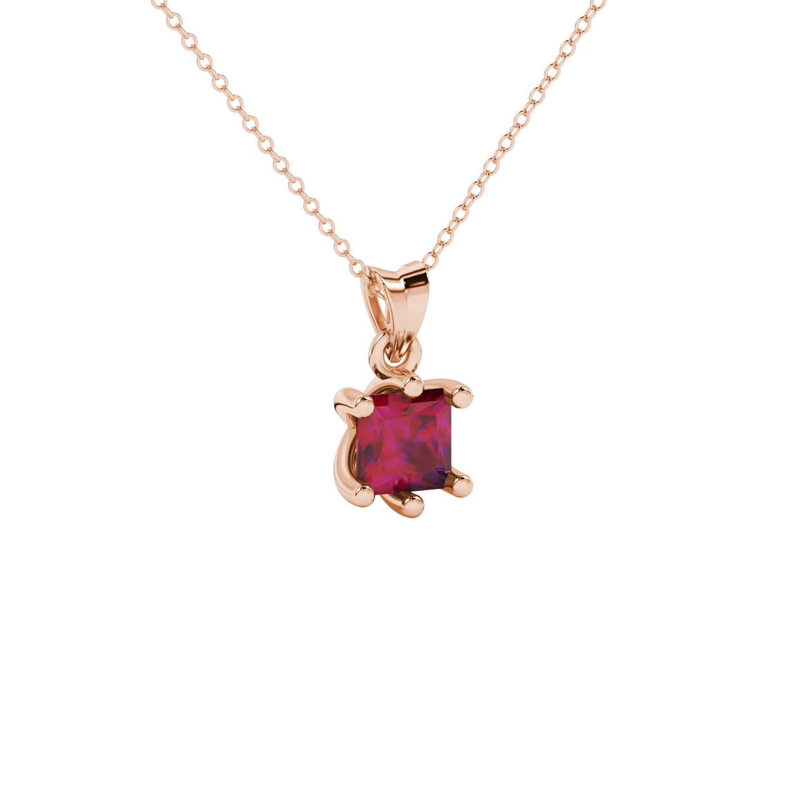 Close-up, princess raspberry red gemstone pendant, rose gold six-prong setting.
