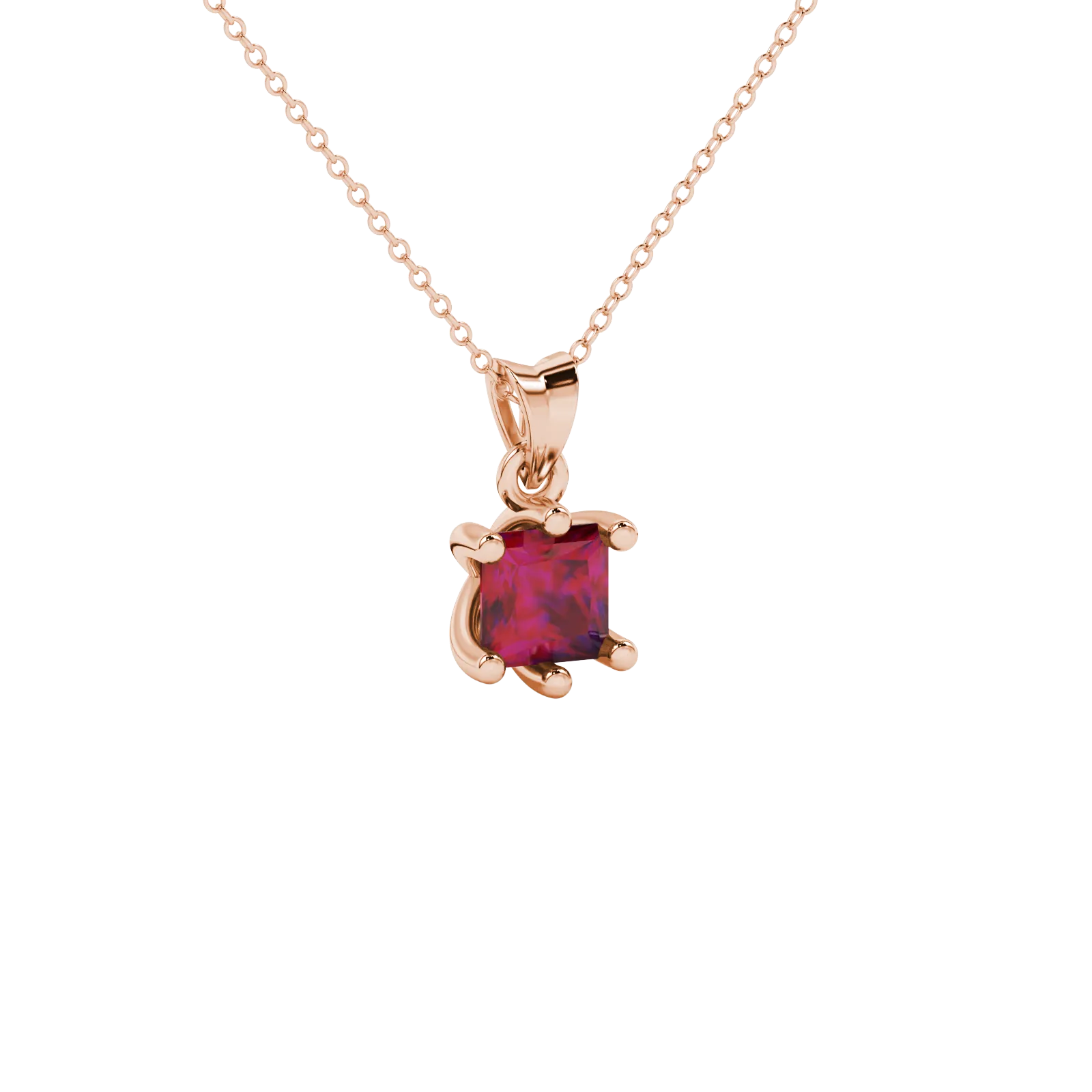 Close-up, princess raspberry red gemstone pendant, rose gold six-prong setting.