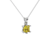 Close-up canary yellow gemstone pendant, white gold six-prong setting.