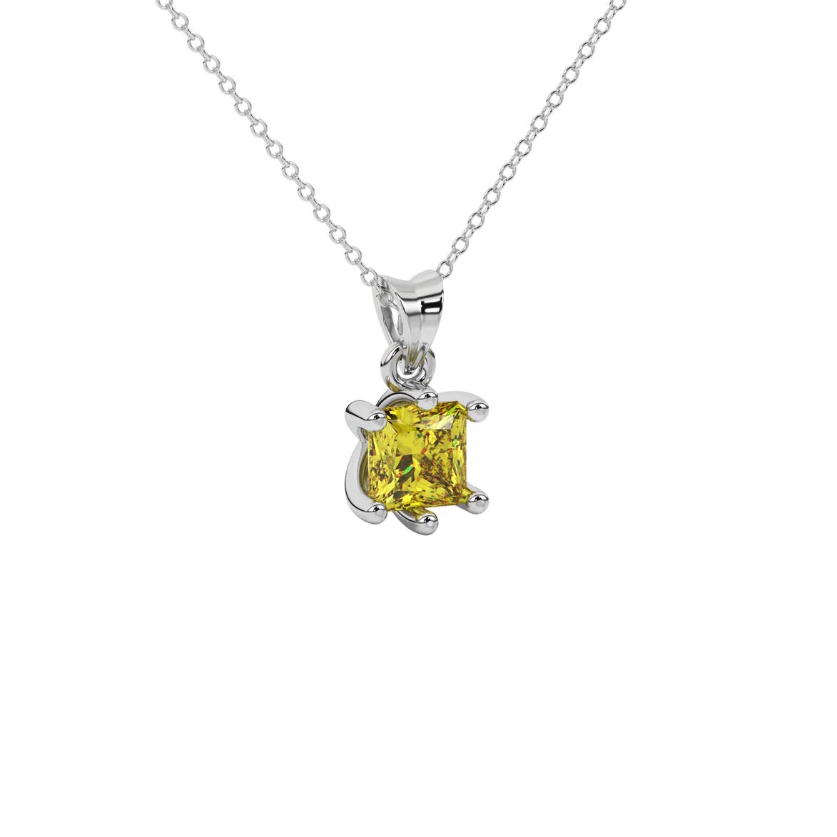 Close-up canary yellow gemstone pendant, white gold six-prong setting.