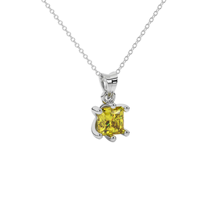 Close-up canary yellow gemstone pendant, white gold six-prong setting.