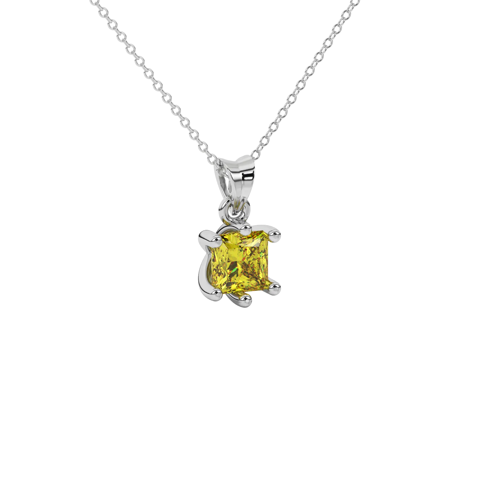 Close-up canary yellow gemstone pendant, white gold six-prong setting.