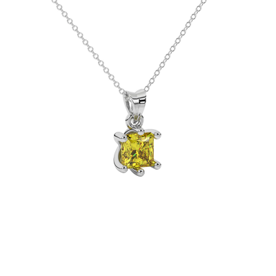 Close-up canary yellow gemstone pendant, white gold six-prong setting.