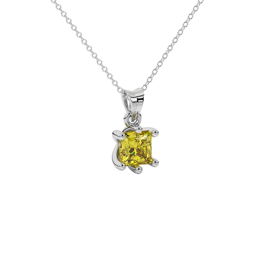 Close-up canary yellow gemstone pendant, white gold six-prong setting.