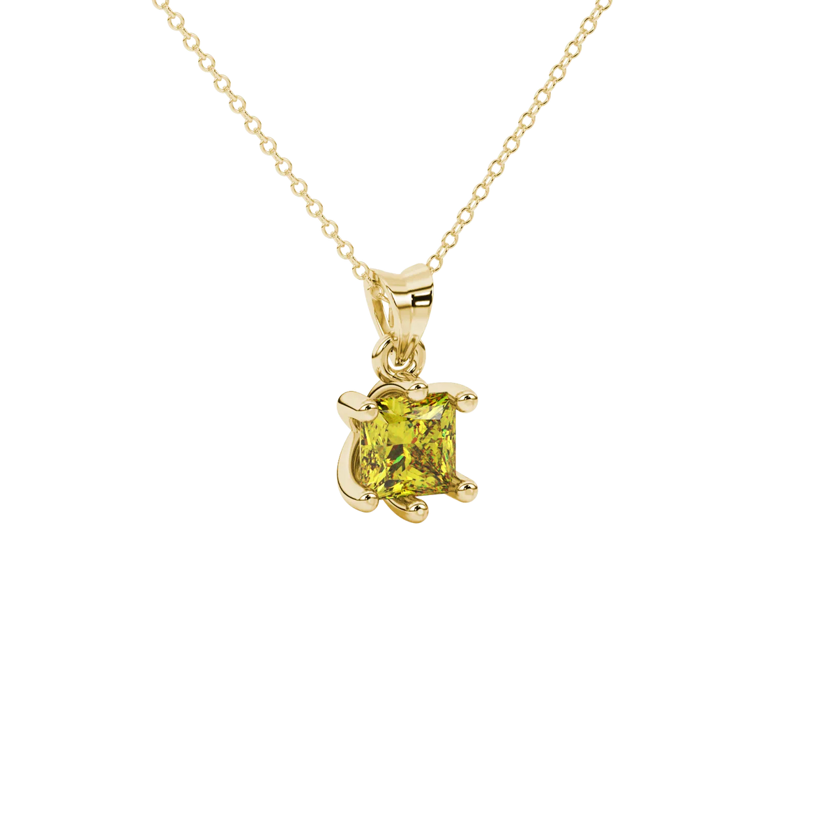 Close-up, princess canary yellow gemstone, yellow gold six-prong pendant.