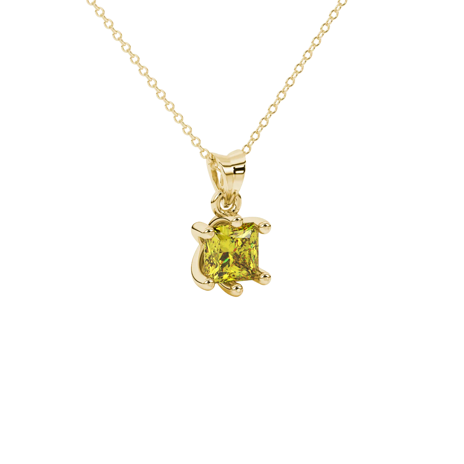 Close-up, princess canary yellow gemstone, yellow gold six-prong pendant.