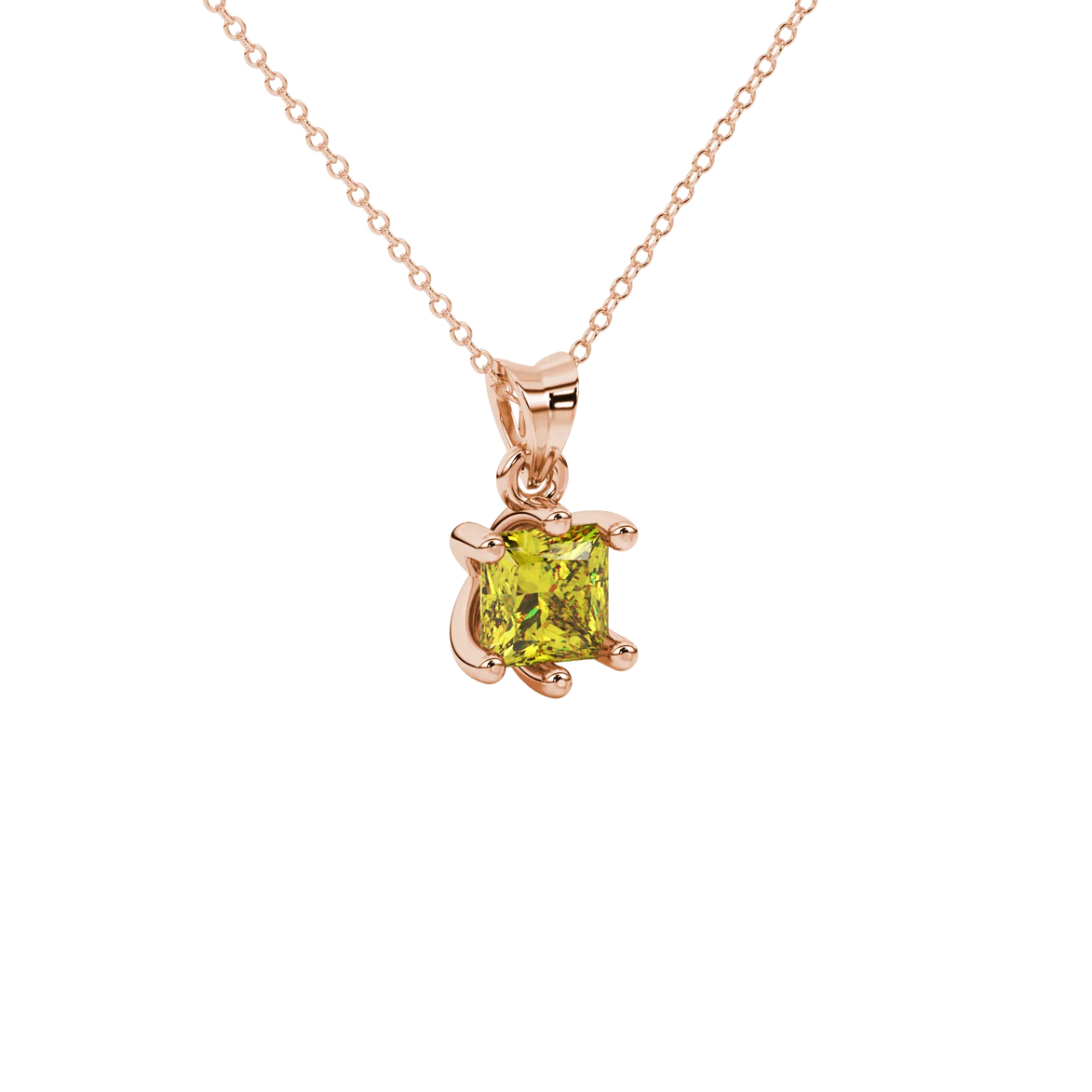 Close-up, princess canary yellow gemstone pendant, rose gold six-prong setting.