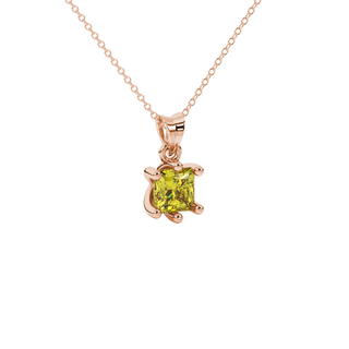 Close-up, princess canary yellow gemstone pendant, rose gold six-prong setting.