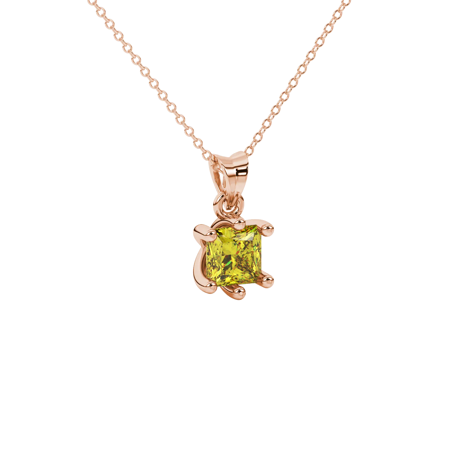 Close-up, princess canary yellow gemstone pendant, rose gold six-prong setting.