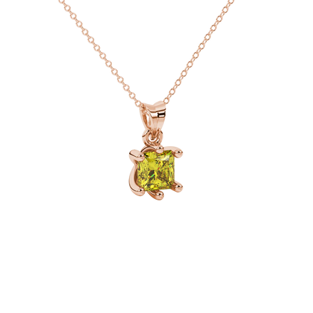 Close-up, princess canary yellow gemstone pendant, rose gold six-prong setting.