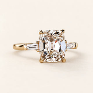 Cushion Old Mine Cut Lab Grown Diamond Three-Stone Ring in Yellow Gold