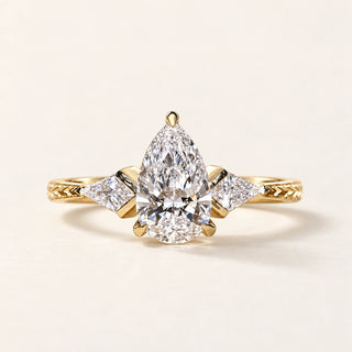 Deco Pear Cut Lab Grown Diamond Three-Stone Engagement Ring in Yellow Gold