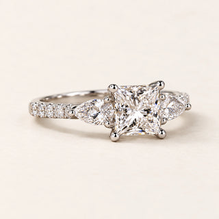 Princess Cut Lab Grown Diamond Cathedral Engagement Ring with Pear Side Diamonds in White Gold