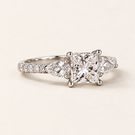 Princess Cut Lab Grown Diamond Cathedral Engagement Ring with Pear Side Diamonds in White Gold