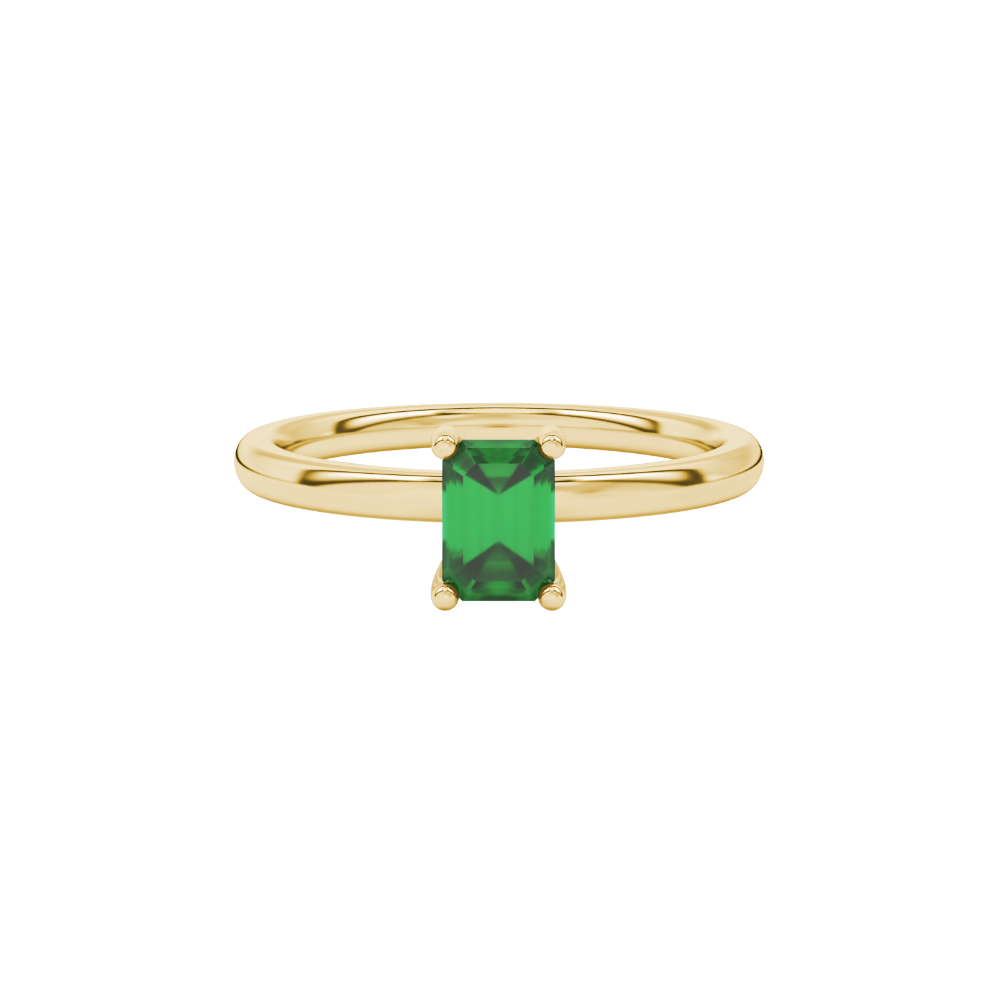 Emerald cut green gemstone solitaire ring in gold four prong setting
