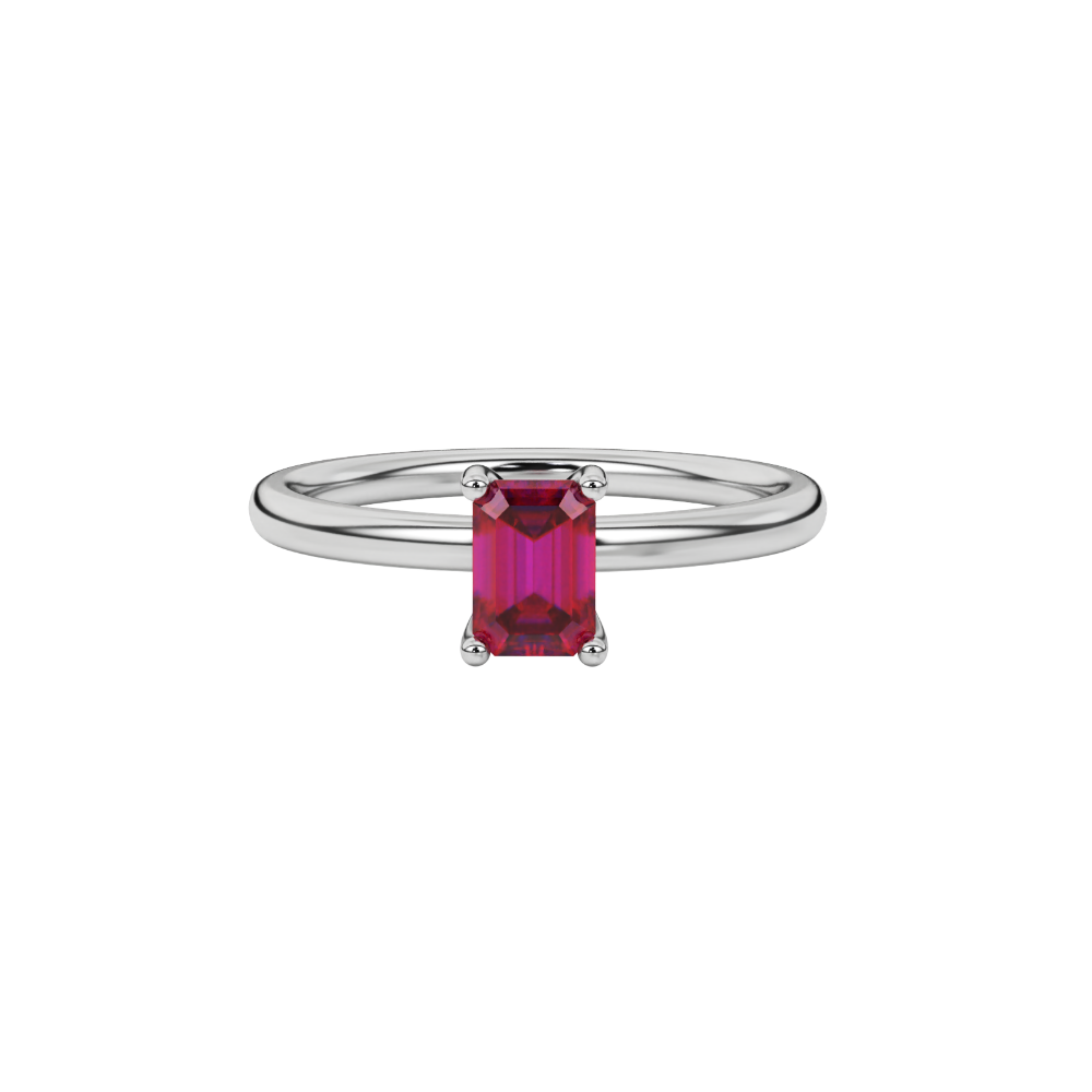 Emerald cut red gemstone solitaire ring in gold four prong setting