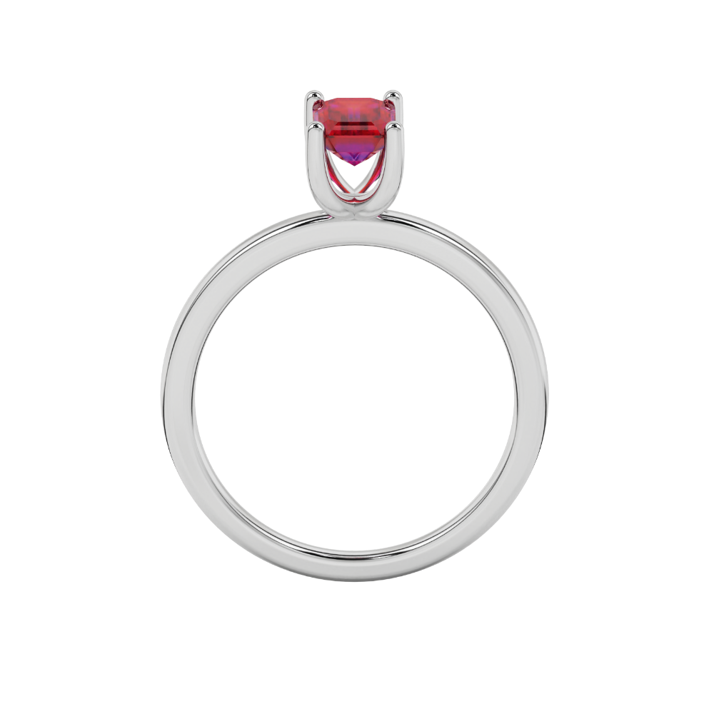 Emerald cut red gemstone solitaire ring in gold four prong setting