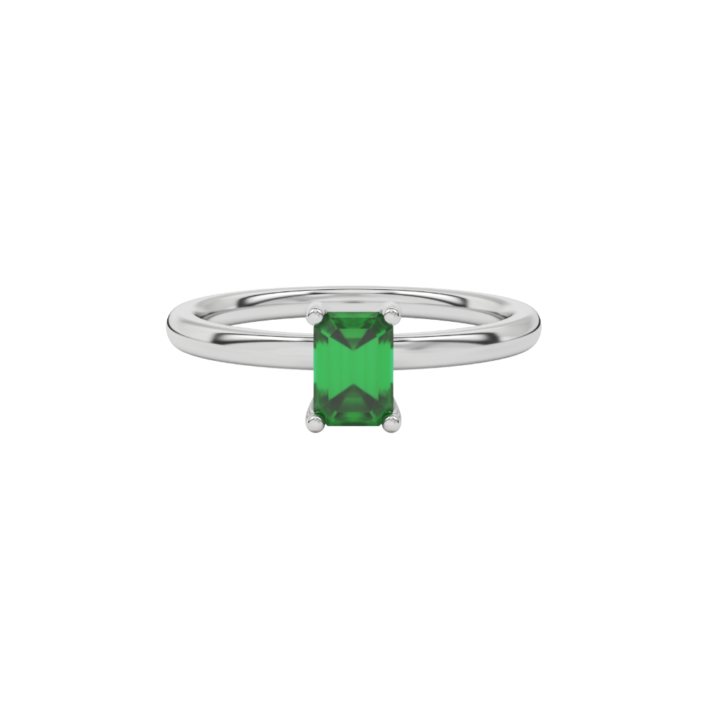 Emerald cut green gemstone solitaire ring in gold four prong setting