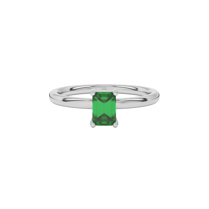 Emerald cut green gemstone solitaire ring in gold four prong setting