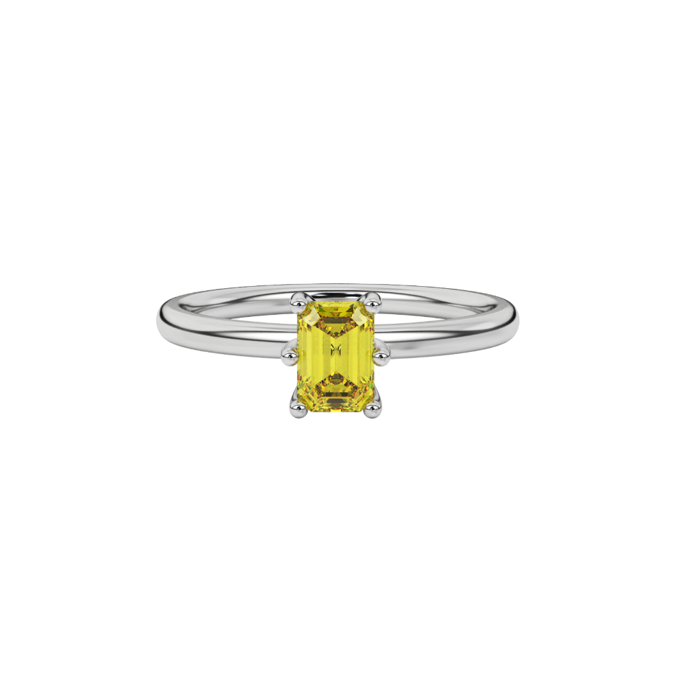 Emerald cut yellow gemstone solitaire ring in six prong gold setting