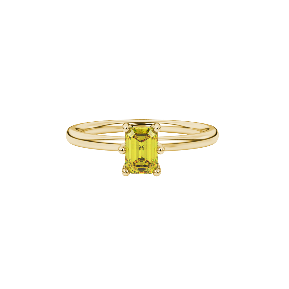 Emerald cut yellow gemstone solitaire ring in six prong gold setting