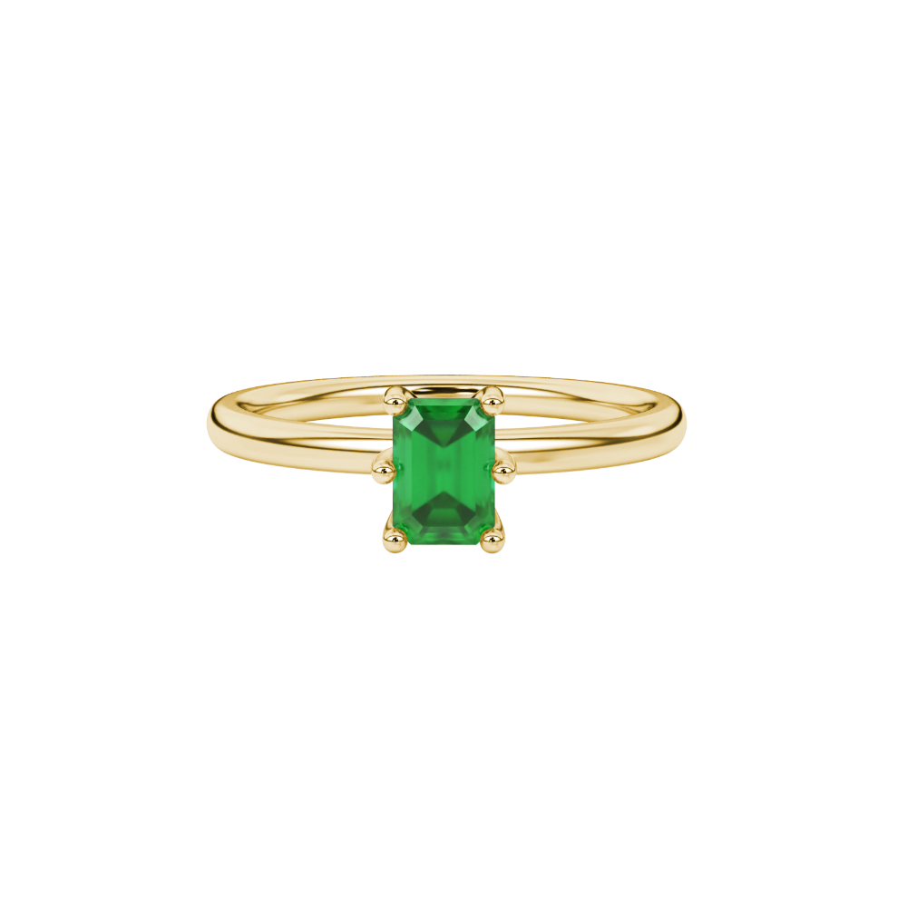 Emerald cut green gemstone solitaire ring in six prong gold setting