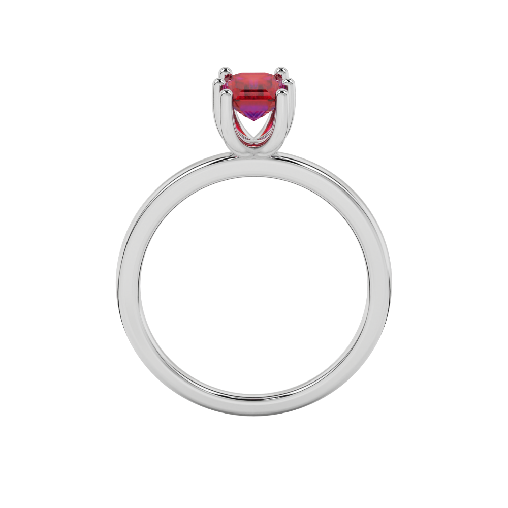 Emerald cut red gemstone solitaire ring in six prong gold setting