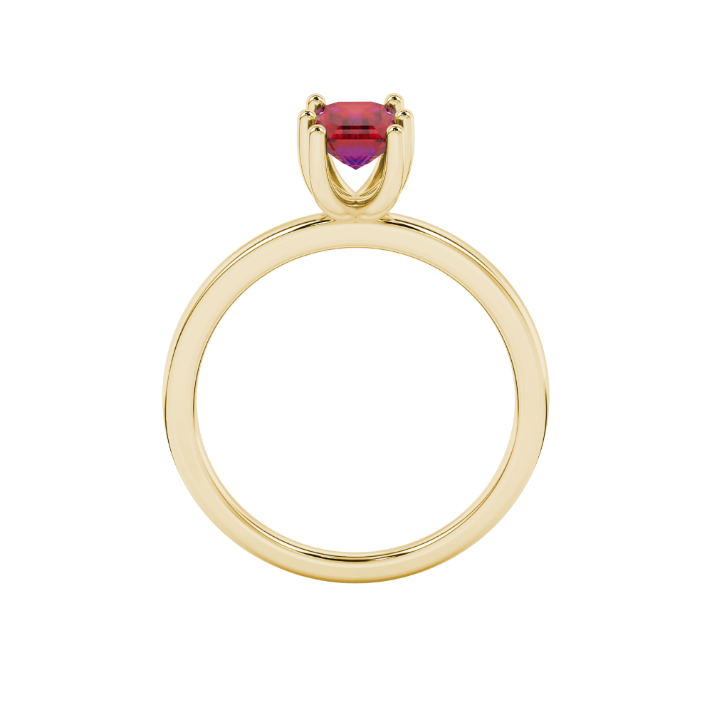 Emerald cut red gemstone solitaire ring in six prong gold setting