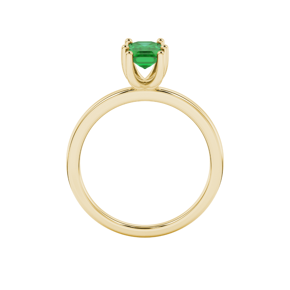 Emerald cut green gemstone solitaire ring in six prong gold setting