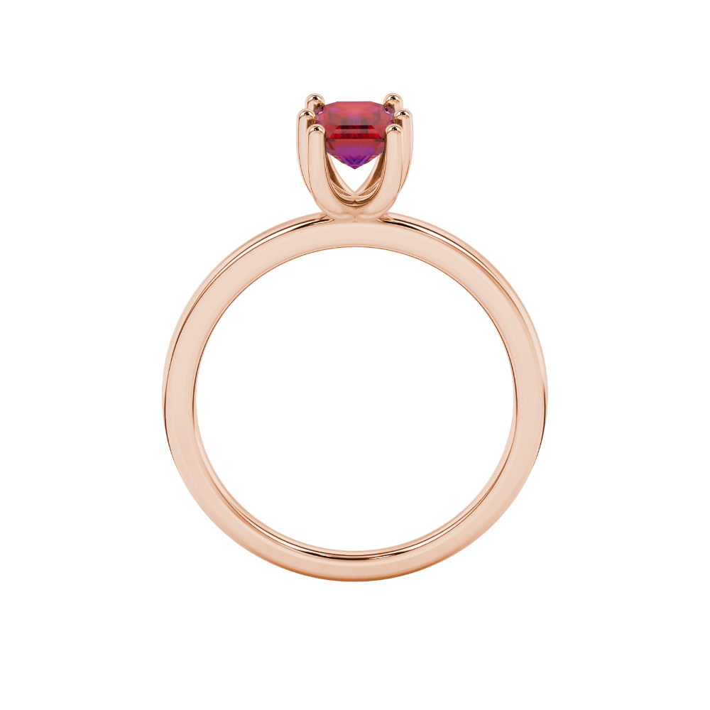 Emerald cut red gemstone solitaire ring in six prong gold setting