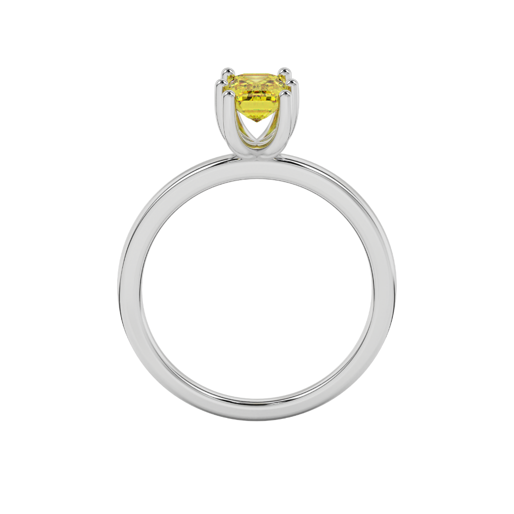 Emerald cut yellow gemstone solitaire ring in six prong gold setting