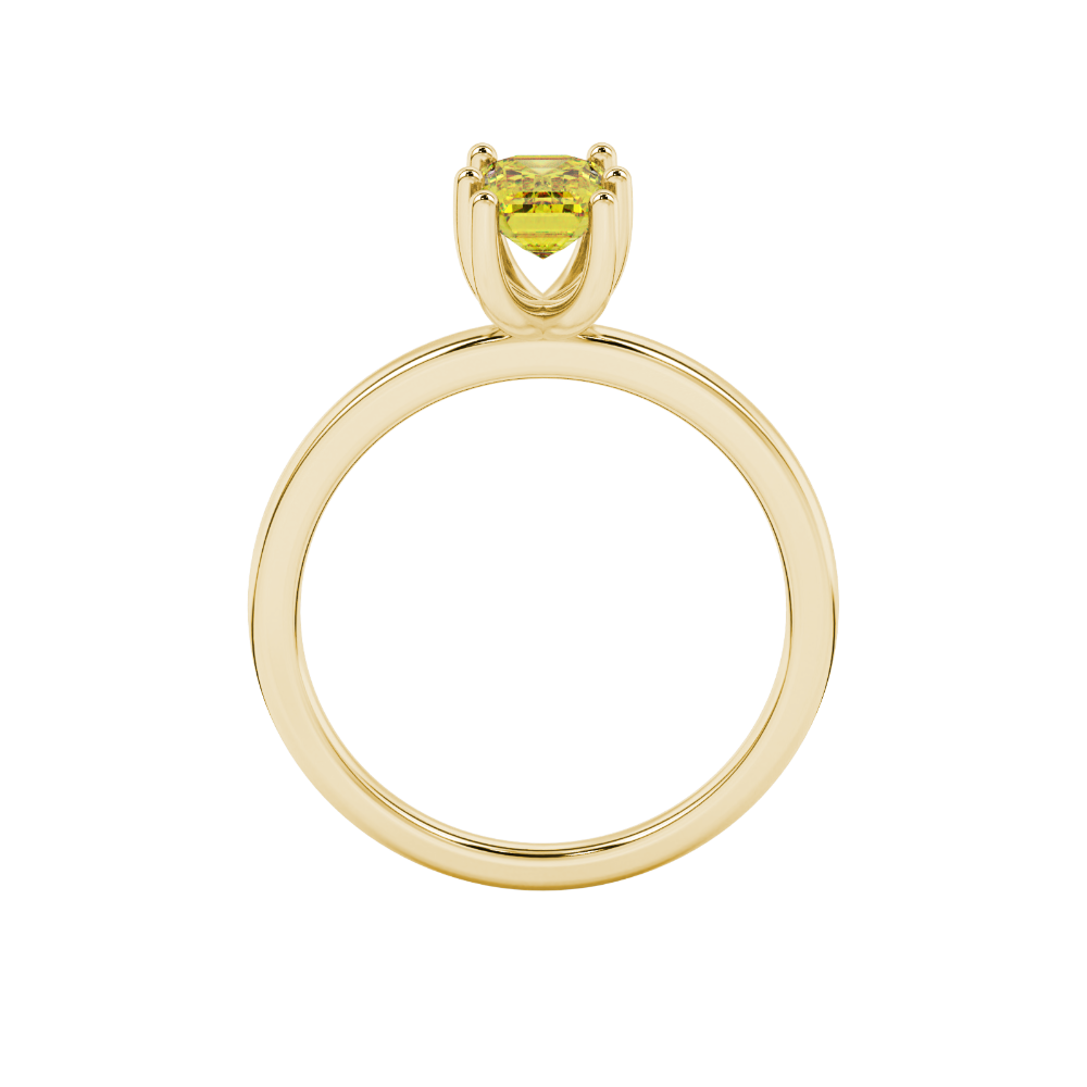 Emerald cut yellow gemstone solitaire ring in six prong gold setting