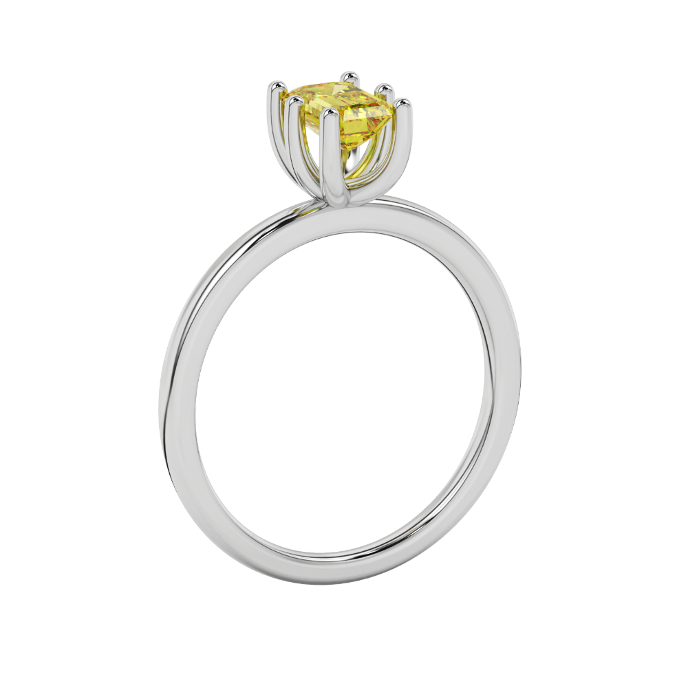 Emerald cut yellow gemstone solitaire ring in six prong gold setting
