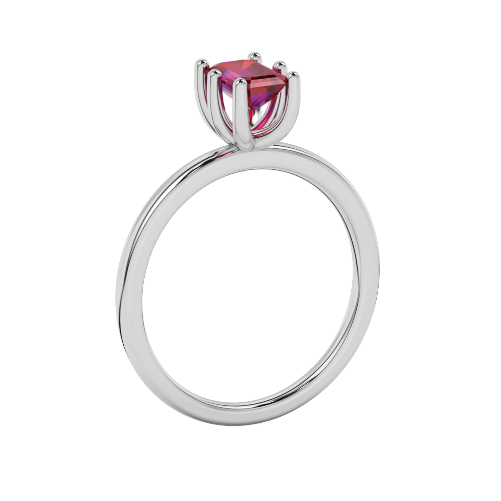 Emerald cut red gemstone solitaire ring in six prong gold setting