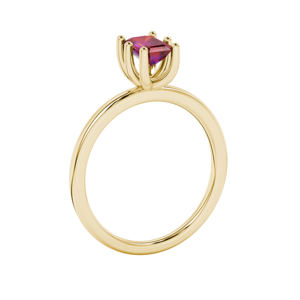 Emerald cut red gemstone solitaire ring in six prong gold setting