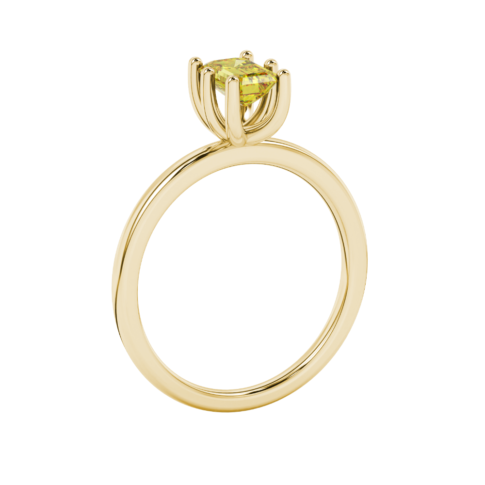Emerald cut yellow gemstone solitaire ring in six prong gold setting