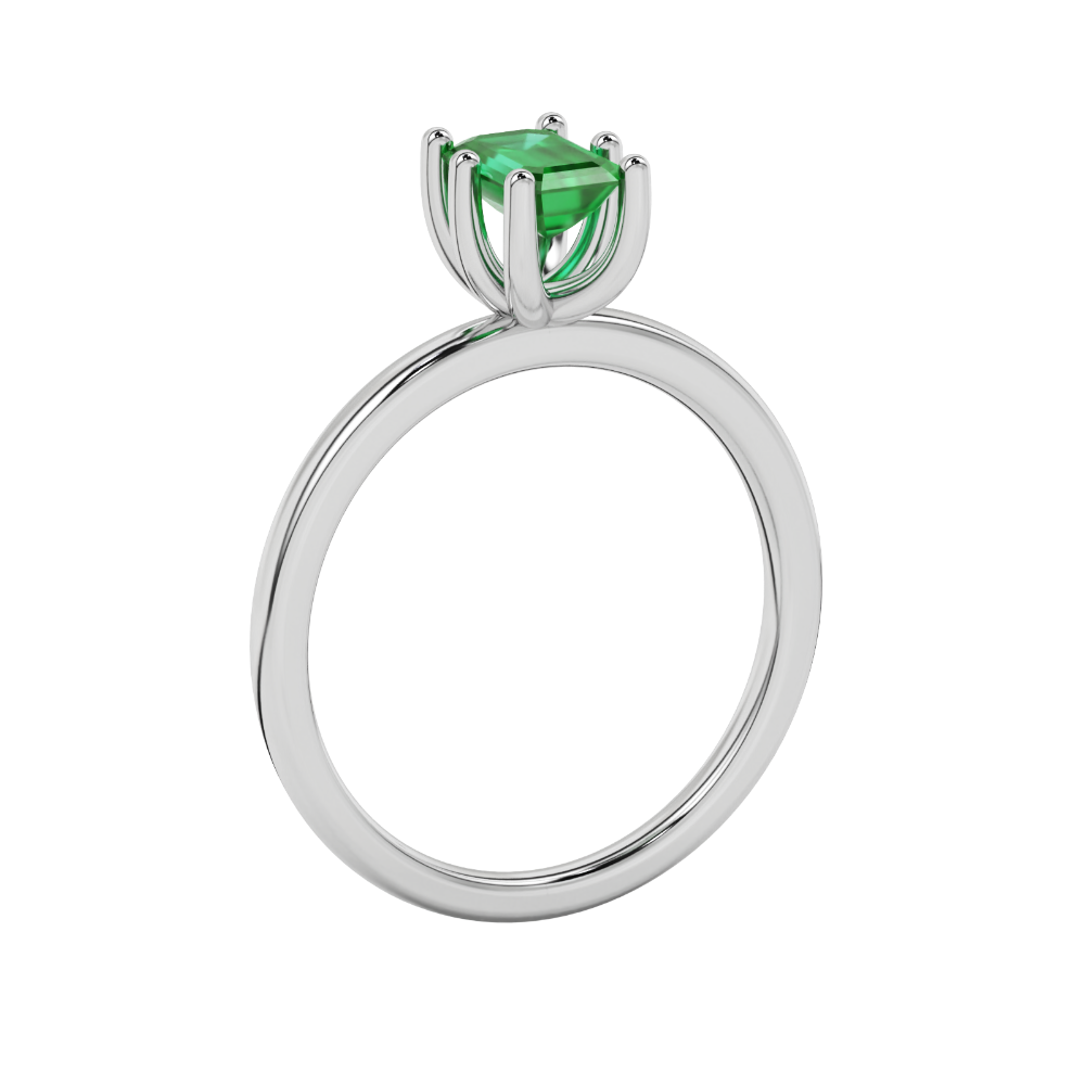Emerald cut green gemstone solitaire ring in six prong gold setting