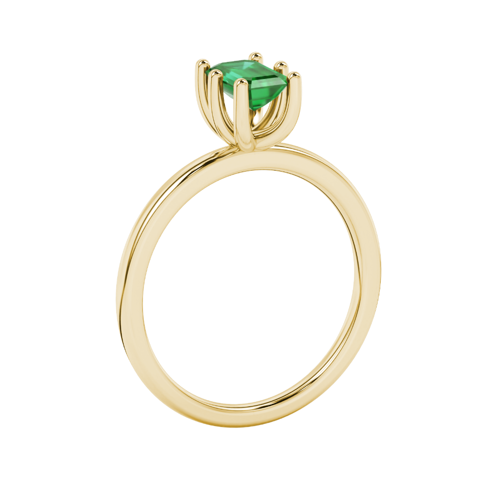 Emerald cut green gemstone solitaire ring in six prong gold setting