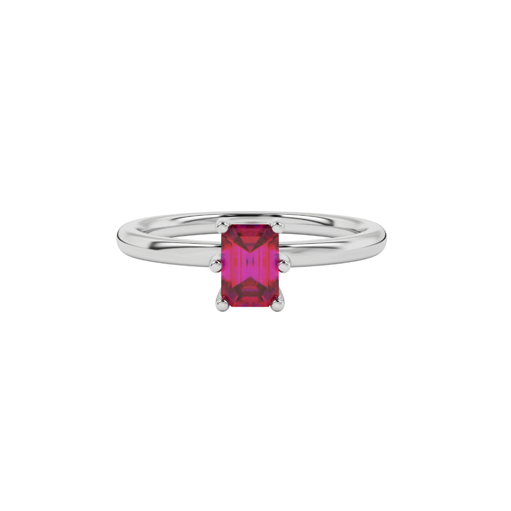 Emerald cut red gemstone solitaire ring in six prong gold setting