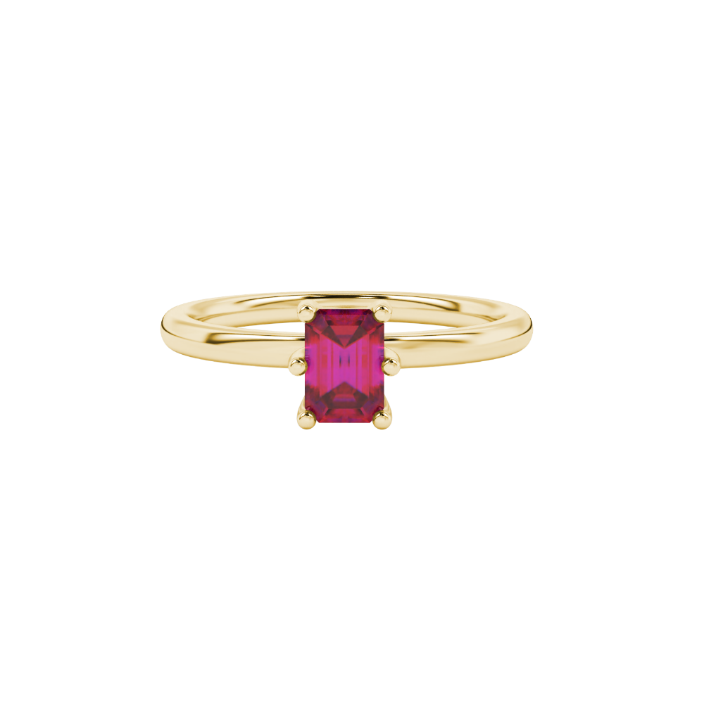 Emerald cut red gemstone solitaire ring in six prong gold setting